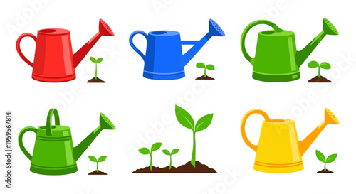 Colorful vector illustrations of watering cans and seedlings for gardening