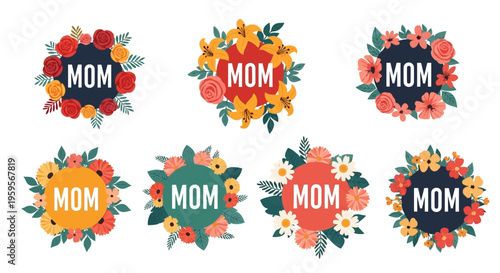 Colorful floral mom badges with vibrant flowers and leaves design