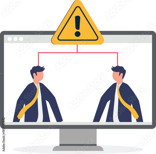 Two professionals in a computer monitor with a red alert sign