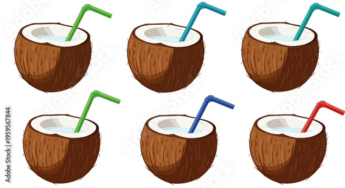 Colorful vector illustration of six coconut drinks with straws