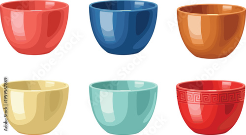 Cartoon colorful bowl set with glossy finishes, decorative patterns, and kitchenware designs in vector illustration