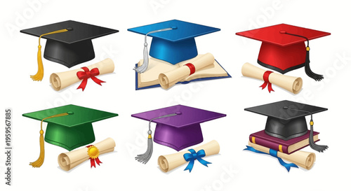 Colorful graduation caps and diplomas in various designs