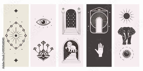 Mystical tarot card inspired illustrations with celestial and animal motifs