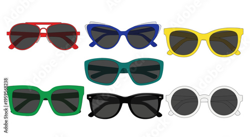 Colorful vector illustration of seven stylish sunglasses designs