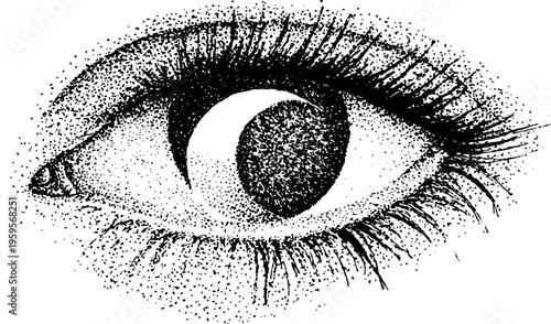 Crescent moon reflection in human eye with stipple black and white effect for artistic design