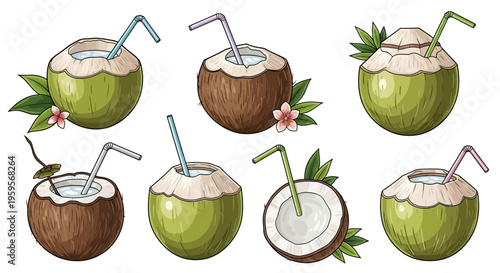 Colorful vector illustrations of coconuts with straws and tropical leaves