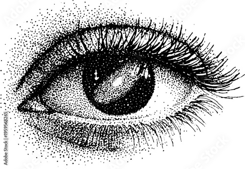 Mystical human eye with galaxy inside pupil in black and white stippled design