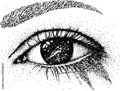 Cosmic vision: human eye with galaxy reflection in black and white stippled art