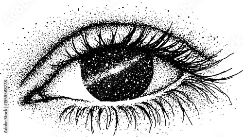 Cosmic vision: human eye with galaxy pupil in black and white stipple art for unique designs