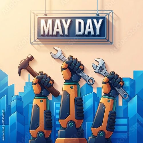 Robotic workers celebrating May Day with tools in futuristic cityscape