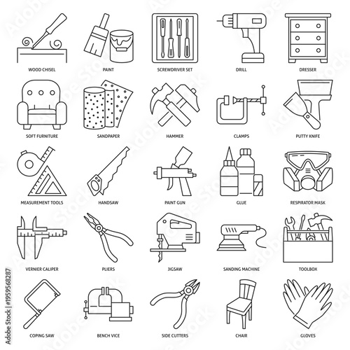 Repair tools and equipment icon set