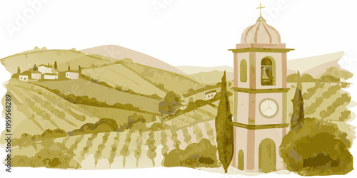 Picturesque tuscan landscape with a bell tower and rolling hills