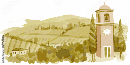 A picturesque tuscan landscape featuring a bell tower and rolling hills