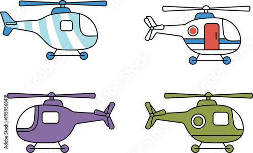 Cartoon colorful helicopter set with different designs, windows, and rotor blades in vector transportation illustration