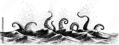 Mysterious kraken tentacles emerge from ocean waves in black and white stippling art