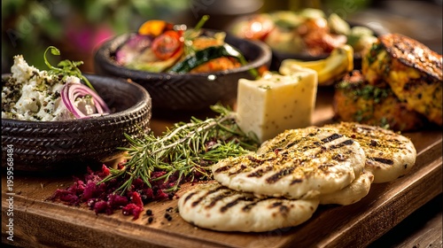 A delicious spread of grilled flatbread, cheese, and vegetables on a wooden board