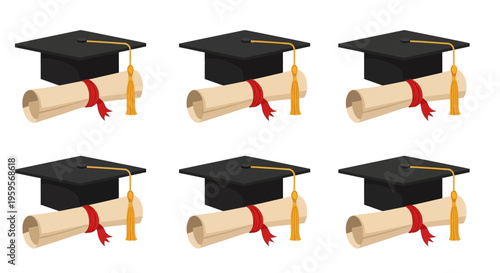 Vector graphic illustration of graduation caps and diploma scrolls
