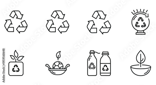 Collection of recycling symbols and environmental icons in a linear style