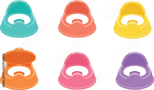 Cartoon colorful potty chairs for toddlers toilet training in vector illustration of children hygiene and baby products