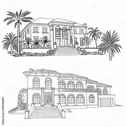 Detailed line art of two luxurious mansions with tropical landscaping