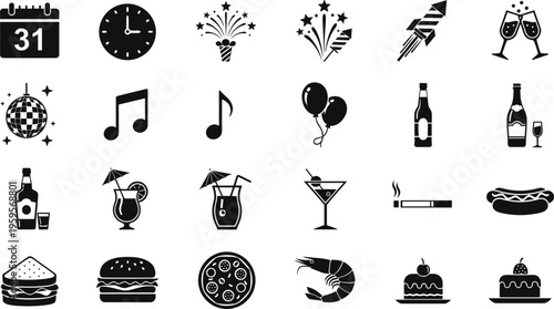 Party and nightlife silhouette icons set with drinks fireworks music food balloons calendar vector illustration celebration collection isolated black design