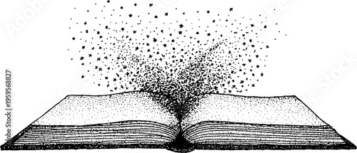 Enchanted spellbook with starburst: black and white stipple art for mystical designs