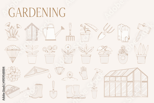 Gardening tools and plants arranged in a decorative hand drawn style illustration