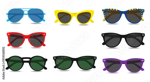 Colorful vector illustration of various stylish sunglasses designs