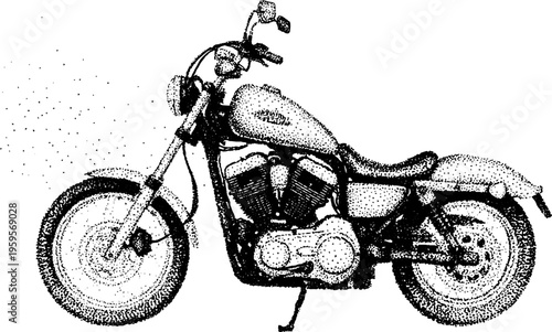 Classic chopper motorcycle art in black and white stippling for vintage design