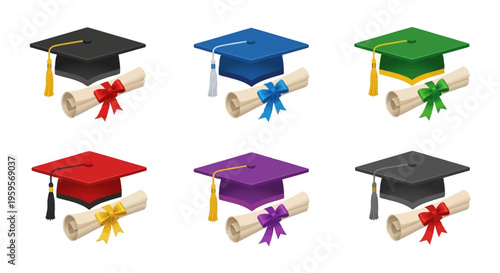Colorful graduation caps and diploma vector illustrations