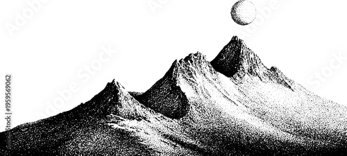 Black and white mountain landscape with crescent moon in stippled dotwork art style