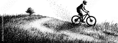 Black and white stipple illustration of mountain biking offroad adventure
