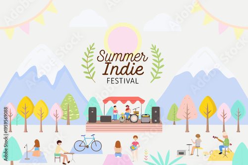 A vibrant summer indie festival scene with music mountains and people