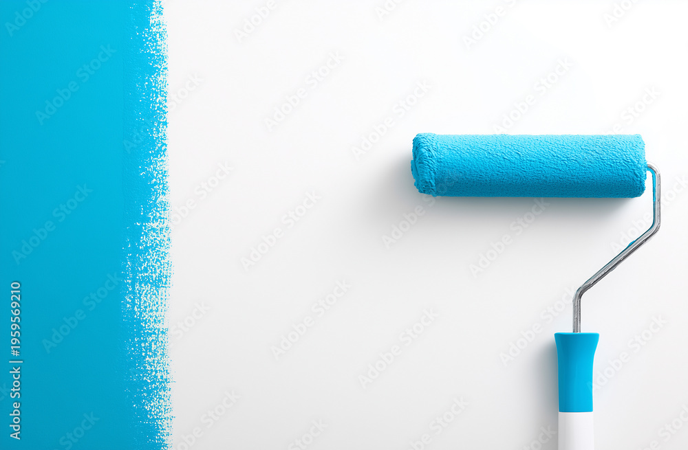 Obraz premium Blue paint roller on white wall, Home renovation. DIY house painting and interior decorating concept