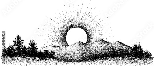 Mystical mountain landscape with sacred geometry halo in black and white for art or design