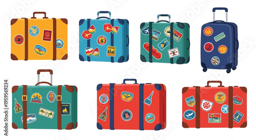 Colorful suitcases with travel stickers on a white background illustration