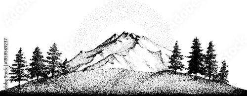 Mystical mountain scenery with sacred geometry halo in black and white for design projects