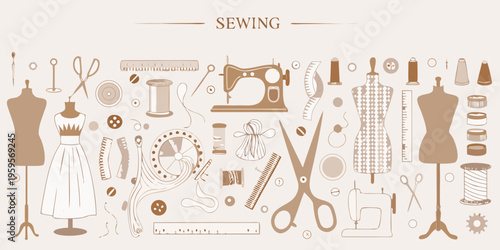 Vintage sewing tools and garments arranged in a decorative illustration