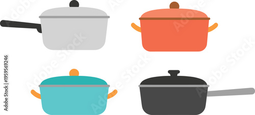 Cartoon cooking pot and pan set with lids, colorful handles, and kitchenware designs in vector illustration
