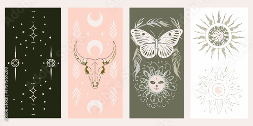 Four decorative panels featuring celestial animal and botanical motifs