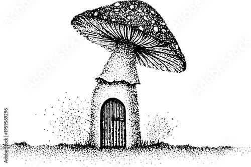 Enchanted mushroom with fairy door in stipple art style