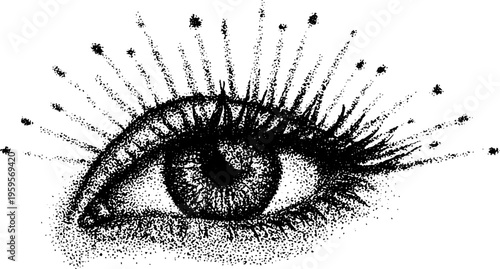 Mystical human eye with radiating rays in black and white stippling for artistic design