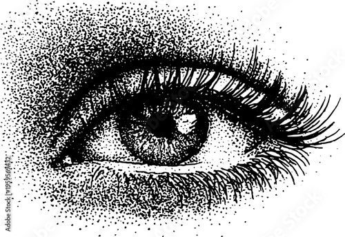Mystical human eye with rays in black and white stippling for artistic design