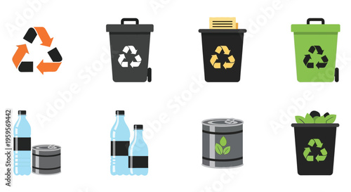 Colorful recycling icons depicting bins bottles cans and the recycling symbol