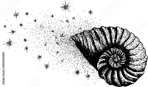 Nautilus shell spiral with stars in black and white dotwork for design and decor