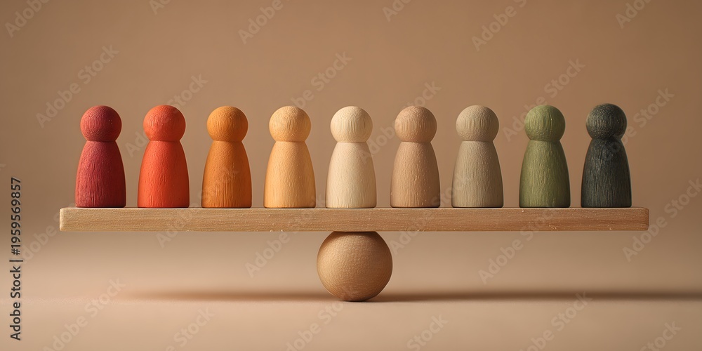 © Chetanraj - Balanced wooden scale with diverse colored human figures, equality and diversity concept, social balance and inclusion representation, fairness and equal opportunity idea on minimal background
