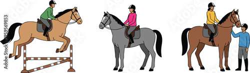 Cartoon equestrian riders with horses jumping obstacle, standing, and interacting in colorful vector illustration of horse riding activities