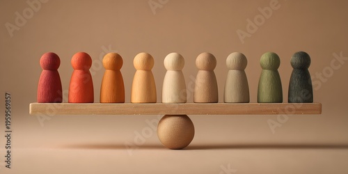 Balanced wooden scale with diverse colored human figures, equality and diversity concept, social balance and inclusion representation, fairness and equal opportunity idea on minimal background