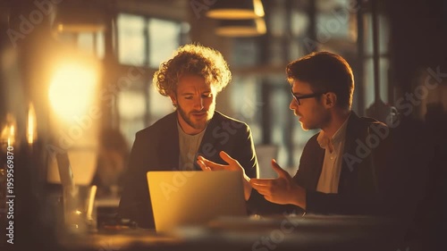 Two men in blazers sit at a desk in a warmly lit cafe, leaning toward a glowing laptop as they discuss, framed by moody urban ambience
