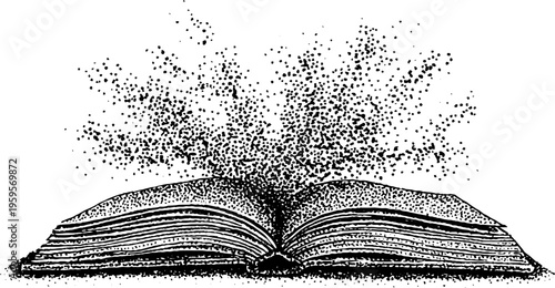 Vintage open book with black and white stippling artwork for classic design concepts